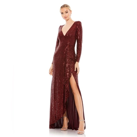 Ieena for Mac Duggal 26395 NWT SEQUINED FAUX WRAP LONG SLEEVE GOWN - Picture 1 of 8